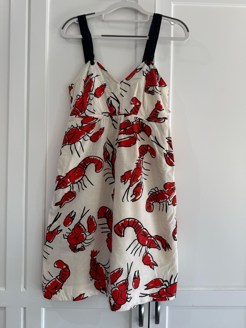 Cream Sundress with Red Lobster Print and Black Straps